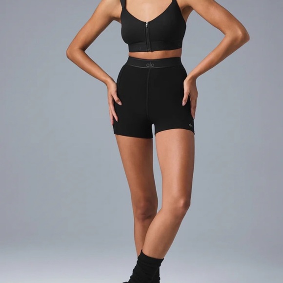 ALO Yoga Black Sports Top and High-Waist Shorts - Picture 2 of 3